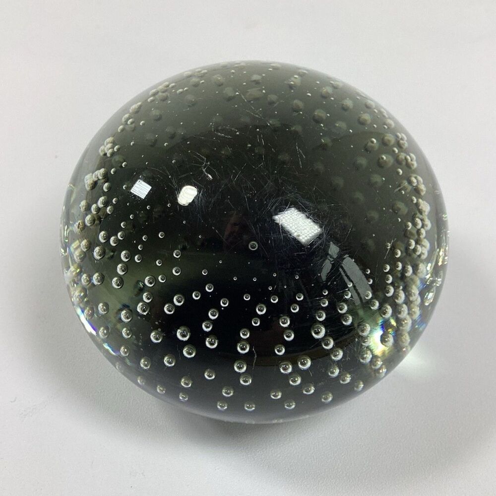Vtg Glass Art Paperweight Suspended Bubbles Black Hand Blown 3"